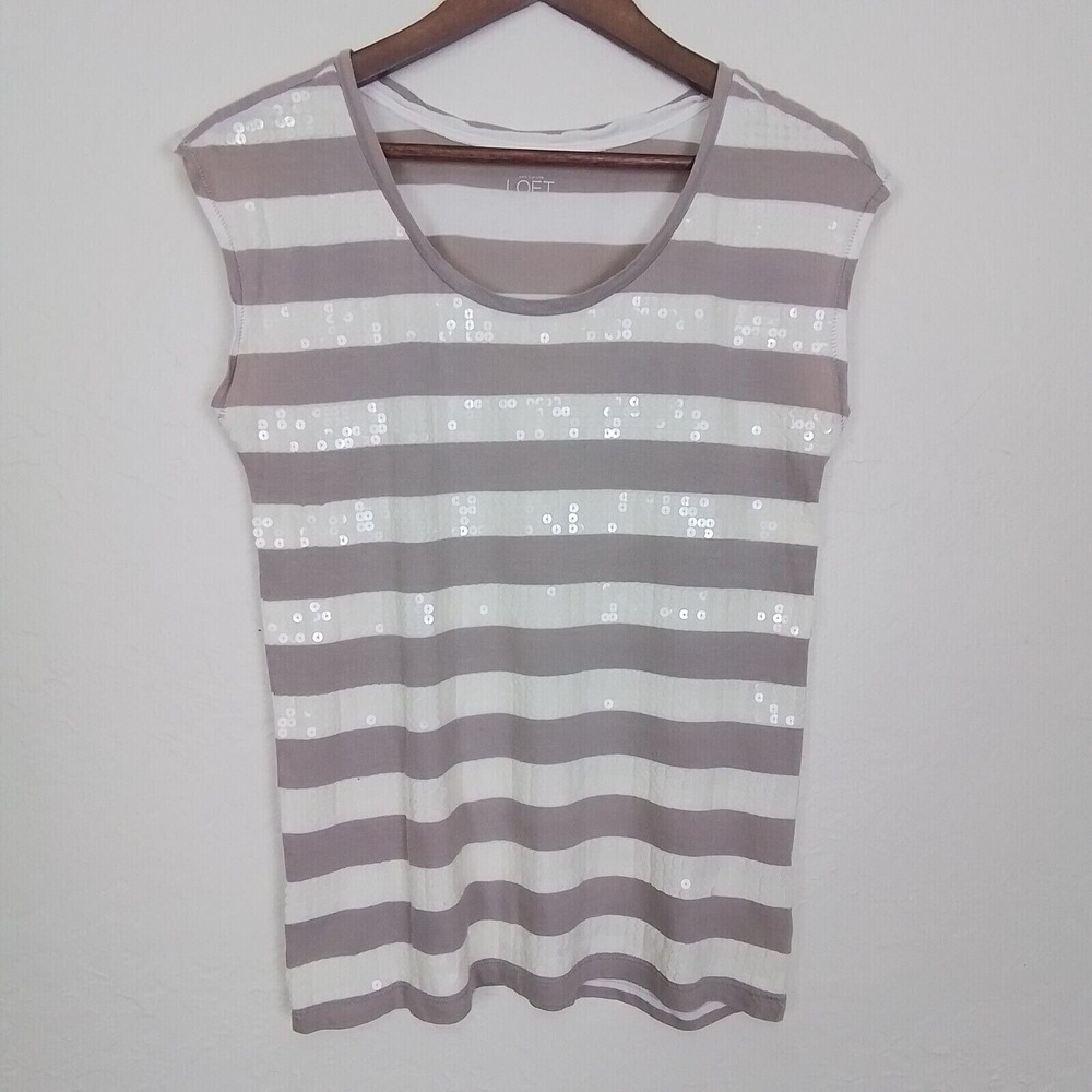 Ann Taylor Loft Women's White Brown Striped Sequin Design Scoop Neck Top‎